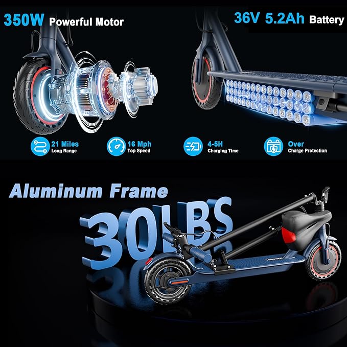 Electric Scooter, Folding E Scooter for Adults with Seat, 350W Motor, 8.5" Tire, 19MPH, 21Mile Long Range Lightweight Teens Commuting Sit Down Escooter with App, Bluetooth, Dual Brake (Seat Optional)