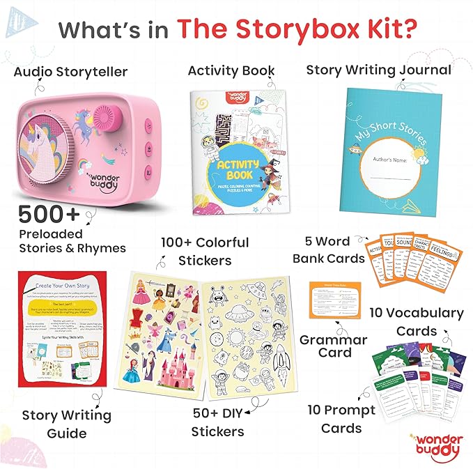 WonderBuddy Kids Story Box Audio Player, 500+ Preloaded Stories & Rhymes with Storybook DIY Art Kit, Voice Recorder, Content Upgrade, Bluetooth, Birthday Gift for Girls 3+ Years- Unicorn