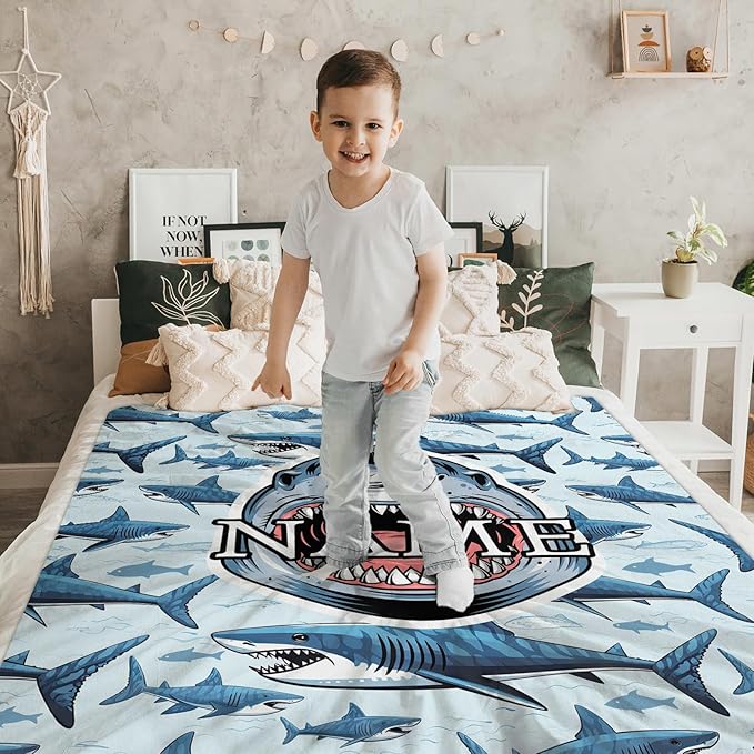 Custom Blanket for Kids Teens Boys Custom Shark Themed Stuff Throws Gifts, Personalized Plush Comfort Cozy 4 Sizes Throw for Sofa Couch Bed Office Travel Party Decor