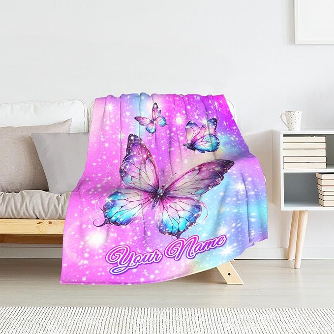 Personalized Blankets for Girls - Butterfly Blankets for Children Warm Fleece Throw Gifts Stuff for Couch, Sofa & Travel