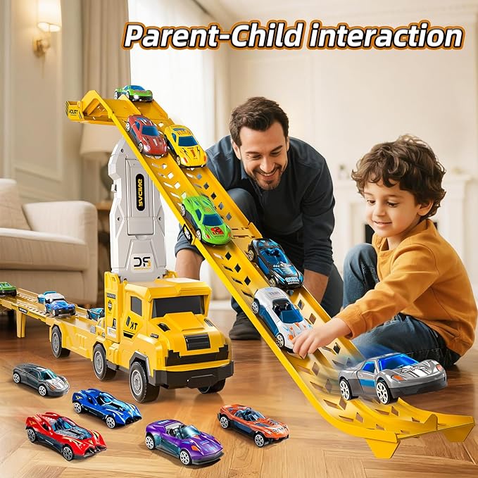 Transport Truck Toys for 3 4 5 6 7 Years Old Boys,Toy Cars Track Set Transporter Trucks with 12 Die-Cast Car Toys 2 Race catapults Dual-Track Model,Toddler Set for Kids Boys Girls,Yellow