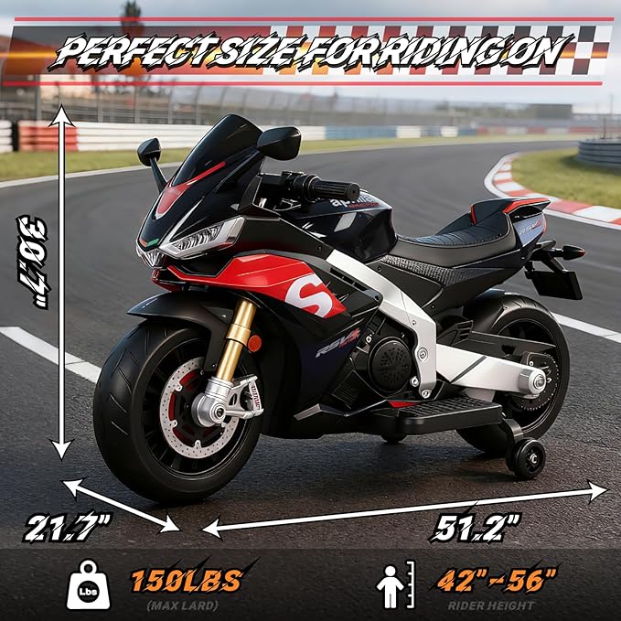 24V Kids Motorcycle, Aprilia Licensed Electric Motorcycle for Kids with Long Battery Life, Thread Wheels, Training Wheels, Large Seat-Black