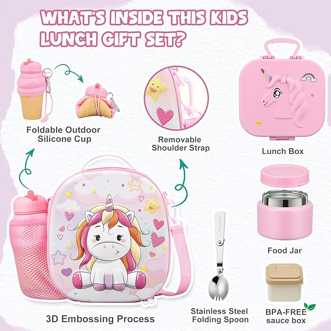 Kids Lunch Box Set -12oz Insulated Food Jar, Thermal Bag,Leakproof Lunch Food Containers Cutlery (BPA Free)-Gift for Girls/Boys Age 3-10(Pink+Pink Jar)