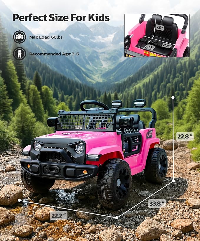 ELEMARA Kids Ride on Car, 12V Ride on Toys w/Remote, Electric Cars for Kid w/Bluetooth, LED Lights, Battery Car for Toddlers, Battery Powered Off-Road Vehicle w/Shock Absorbers, Kids Driving Car-Pink