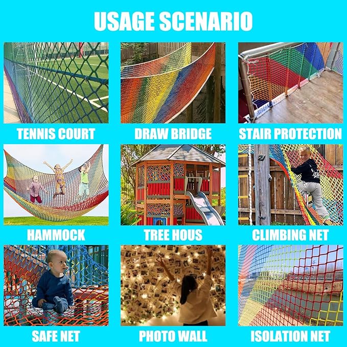 Kids Outdoor Climbing Cargo Net - Balcony & Stairway Safety Net - Knotless Polyester Sports Netting
