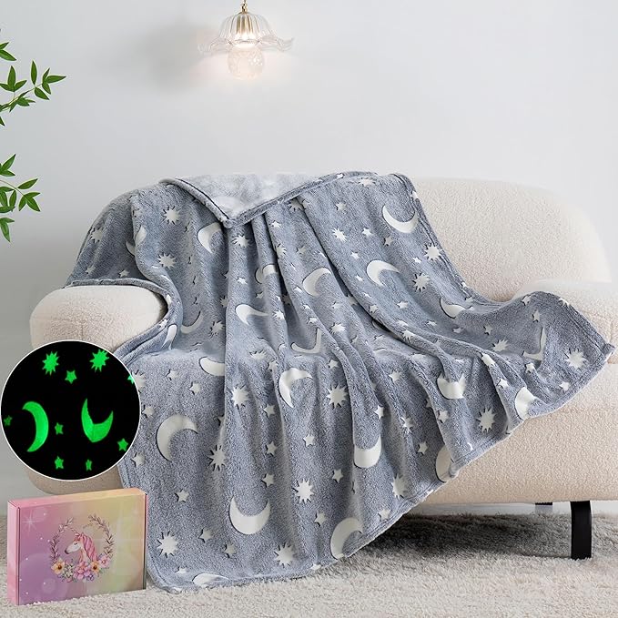 QSTEHEML Moon Glow in The Dark Blanket,Star Gifts Toys for Kids Boy Birthday Christmas Bedroom Decor for Age 3-12 Years Old Toddler Teens Child Grandkids Soft Luminous Blanket 50"×60"