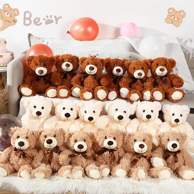 Zhanmai 18 Pcs 14 Inch Bears Stuffed Animal 2025 Graduation Gifts Bulk Plush Bear Toys for Birthday Baby Shower Party Favor(Light Brown, Dark Brown, White)
