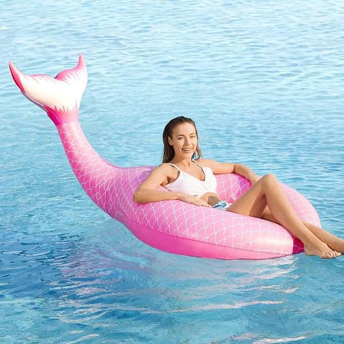 Jasonwell Giant Inflatable Mermaid Tail Pool Float with Fast Valves Pool Floaties Tube Summer Beach Swimming Pool Party Lounge Raft Water Floaty Decorations Toys for Adults Kids Pink L