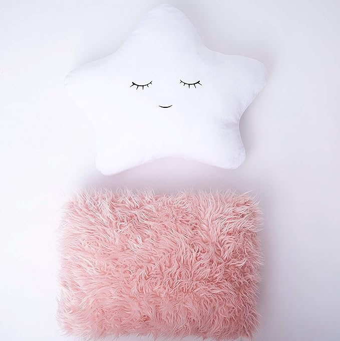 Perfectto Design Set of 2 Decorative Pillows, Toddler Room. Star Fluffy White Embroidered and Furry Pink Faux Fur Soft and Plush Girls Pillows – Throw Pillows for Kid’s Bedroom Décor