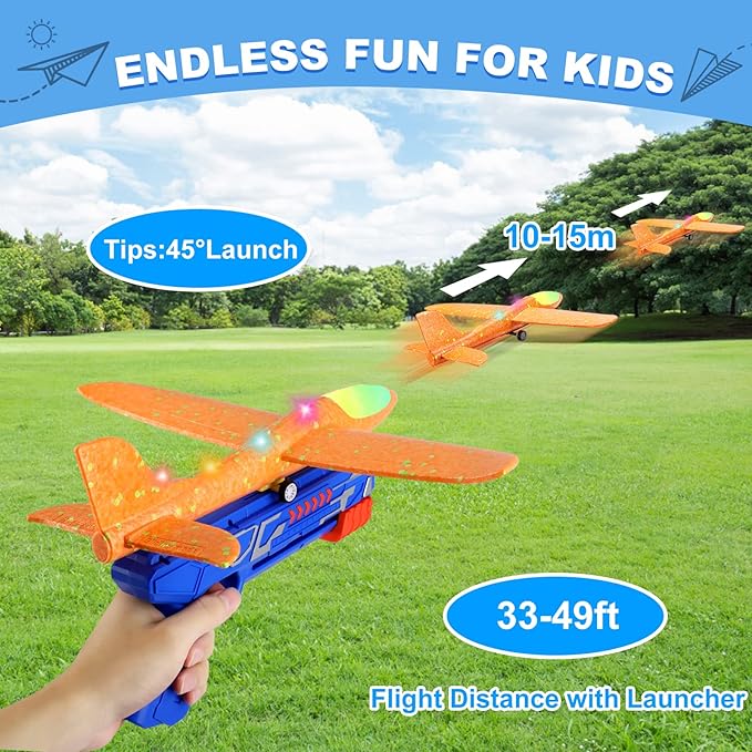 Fuwidvia 3 Pack Airplane Launcher Toys, 13.2'' LED Foam Glider Plane Toy for Boys, 2 Flight Modes Outdoor Flying Toys Birthday Gifts for Boys Girls 4 5 6 7 8 9 10 11 12 Year Old (Blue&Green&Orange)