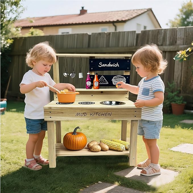 Wooden Mud Kitchen, Outdoor Play Kitchen with Sink, Blackboard, Storage Shelves and Kitchen Accessories, Fir Wood Pretend Kitchen for Boys and Girls