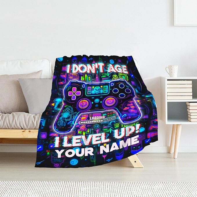 Personalized Gaming Blanket Gifts for Men - Plush Warm Black Gamer Throw Blanket - 60" x 80" Inches Twin Size for Bed - Cool Gamer Stuff