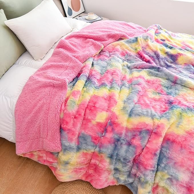 NEWCOSPLAY Super Soft Faux Fur Blanket Queen Size Dark Rainbow Sherpa Fuzzy Plush Warm Blanket for Sofa Bed (Dark Rainbow, Queen(90"x90"))