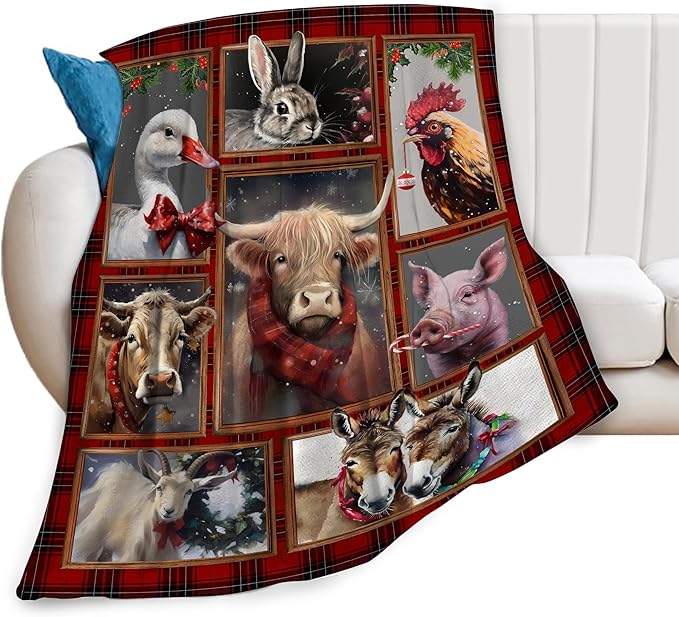 Christmas Blanket Highland Cow Farm Animal Throw Blanket Ultra Soft Cozy Fleece Goat Chicken Goose Duck Pig Donkey Gift Fuzzy Plush Bedding Blankets for Kids Adult Girls Boys Women Men 60"x50"