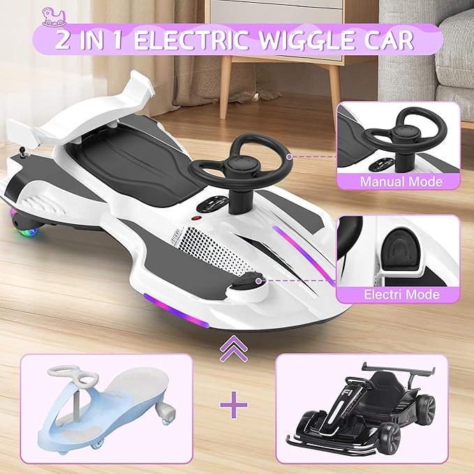 12V Electric Wiggle Car with Pedal for Kids, Rechargeable 2 in 1 Swing Car, Drifting Ride On Toys with Backrest, Anti-Rollover, Spray, Flashing Light, Music, for Ages 3 and Up, 150 Lbs (White)