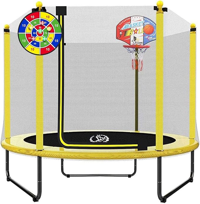 LANGXUN 60" Trampoline for Kids, 5ft Toddler Mini 6-in-1 Trampoline Indoor Outdoor with Swing, Basketball Hoop, Dart Board, Rings, Christmas Toys Birthday Gifts for Girls Boys