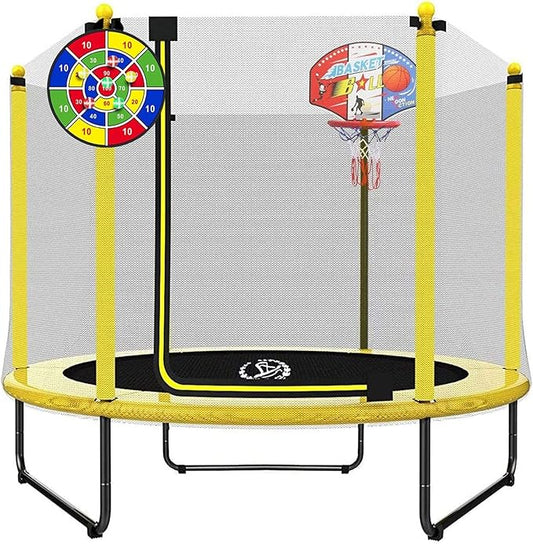 LANGXUN 60" Trampoline for Kids, 5ft Toddler Mini 6-in-1 Trampoline Indoor Outdoor with Swing, Basketball Hoop, Dart Board, Rings, Christmas Toys Birthday Gifts for Girls Boys