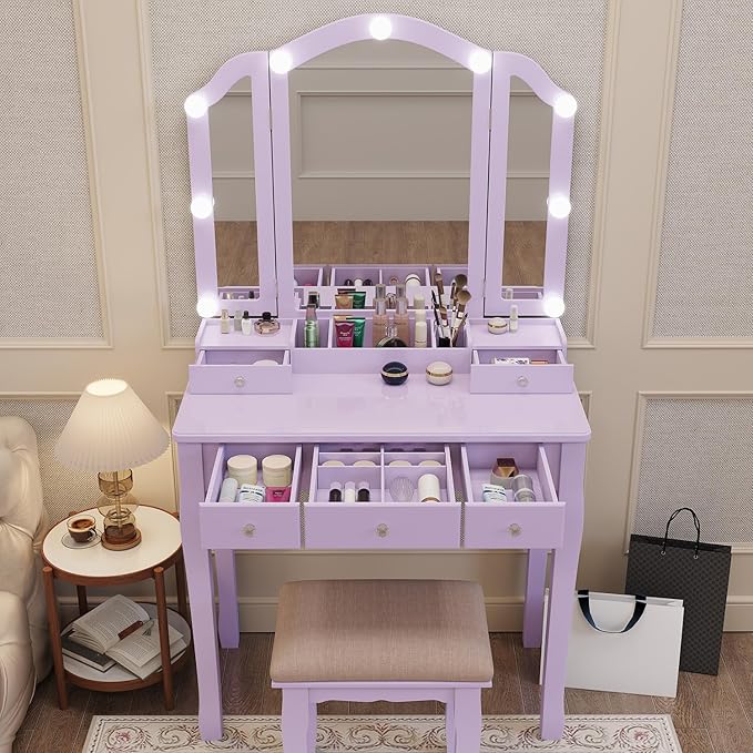 Purple Vanity Makeup Vanity Desk with Lights Vanity for Teen Girls Vanity Set for Teenager Vanity Table with Mirror for Bedroom Vanity Mirror with Lights Girls Desk and Chair