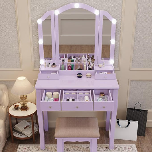 Purple Vanity Makeup Vanity Desk with Lights Vanity for Teen Girls Vanity Set for Teenager Vanity Table with Mirror for Bedroom Vanity Mirror with Lights Girls Desk and Chair