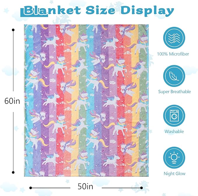 QSTEHEML Unicorns Glow in The Dark Blanket for Girls,Unicorn Gifts for Girls Age 3 4 5 6 7 8 9 10 11 12 Year Old, Soft Unicorns Rainbow Blanket - Christmas Birthday Bedroom Decor 50"×60"