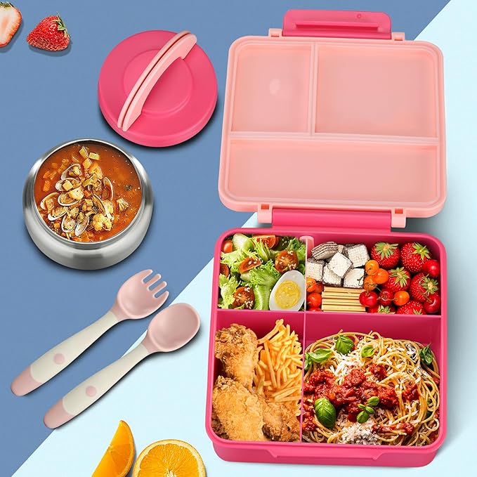 Itslife Bento Lunch Box for Kids with 8oz Soup Thermo&Lunch Bag, Leak-Proof Lunch Food Containers with 4 Compartment, Hot Food Insulated Food Jar for Kids School (Pink)