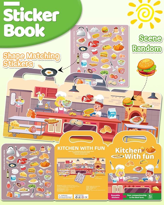 Benresive Reusable Sticker Book for Toddlers 2-4 Years, Fun Travel Stickers for Kids, Waterproof Sticker Books for Toddlers 1-3, Crafts Activities for Toddler 1-3 2-4 3-5 - Kitchen