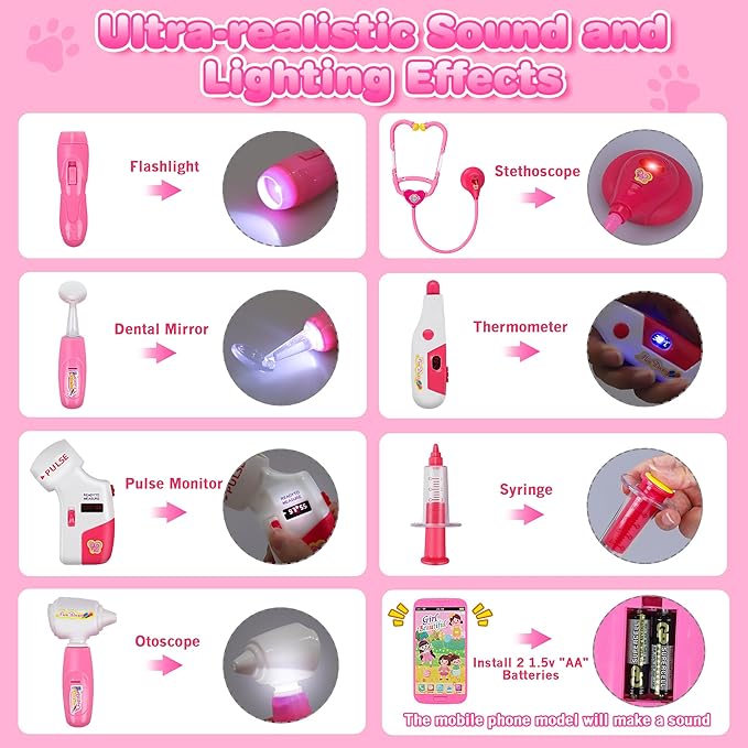 33Pcs Pet Doctor Kit for Toddlers - Dress Up Costume & Pretend Doctor Play Set with Dog Toy, Stethoscope, Pet Vet Roleplay Toys, Christmas Birthday Gifts for Ages 3 4 5 6 7 8 Year Old Boys Girls