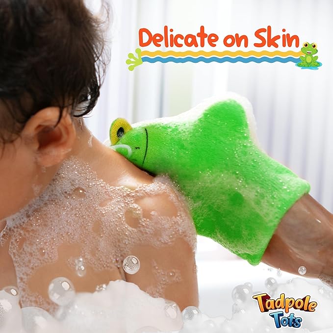 Baby Bath Set – Soft & Durable Frog-Themed Loofah Scrubber Kit – Cute Cartoon Bathing Accessories for Kids – Gentle Exfoliating Wash Mitt & Body Scrubber – Easy to Use