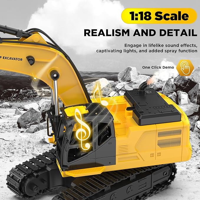 1:18 Metal RC Excavator Toy for Kids | 11-Channel Remote Control Construction Vehicle with Water Spray, Lights & Sounds, Dual 100-Min Batteries, 2025 New STEM Engineering Toy Gift for Boys Ages 6-12