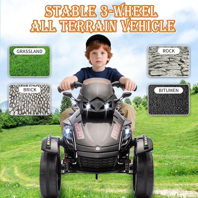 Xinyonxin 12V Kids Electric ATV, 3-Wheeler Motorcycle Ride on Toys for Toddlers w/Music, LED Lights, USB, One-Button Start, Forward/Reverse, Electric All-Terrain Car, Gift for Age 3+ (Black)