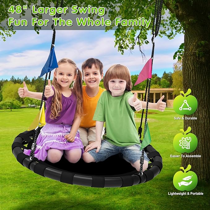 48 Inch Saucer Swing, 900lbs Weight Capacity Tree Swing Sets for Backyard 2 Added Hanging Straps Adjustable Multi-Strand Ropes and Center Swivel Spinner, Gifts for Kids and Family, Black