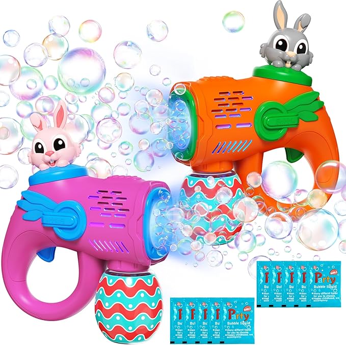 2 Rabbit Bubble Gun Toys - Light-Up Bunny Bubble Machine for Kids Toddlers with 10 Bubble Refill Packs, Fun Gifts for Kids Girls Boys Birthday Party Favors Summer Outdoor Play