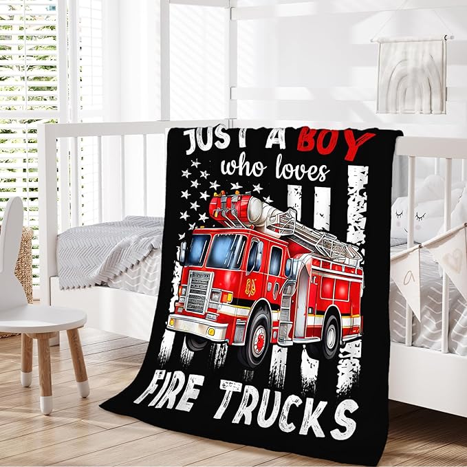 Fire Truck Blanket for Boys - 30x40 Inches Cute Throw Blanket Gifts for Kids Truck Lovers - Black Soft Fuzzy Flannel Car Blankets for Sofa Couch Bed