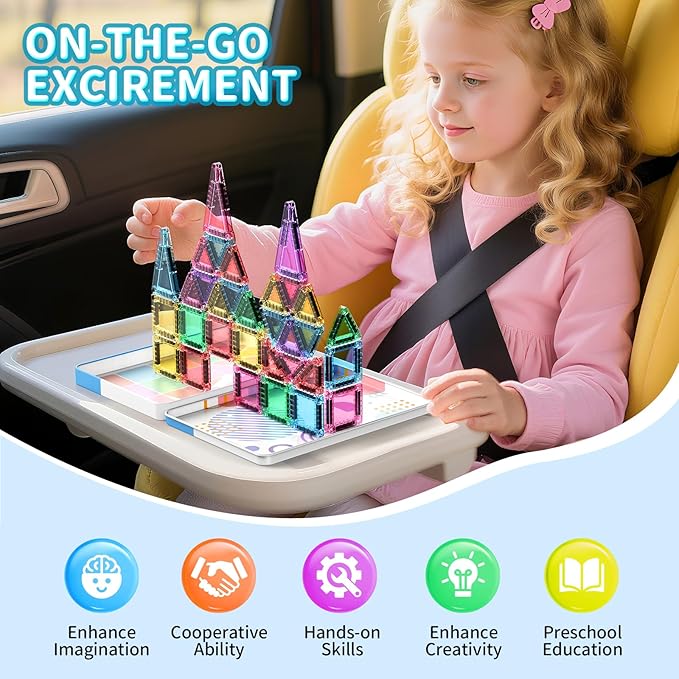 40PCS Mini Magnetic Tiles Travel Set, Portable STEM Building Blocks for Kids with Metal Storage Box, Montessori Sensory Toys for Classroom & Travel, Christmas Gift for Boys & Girls