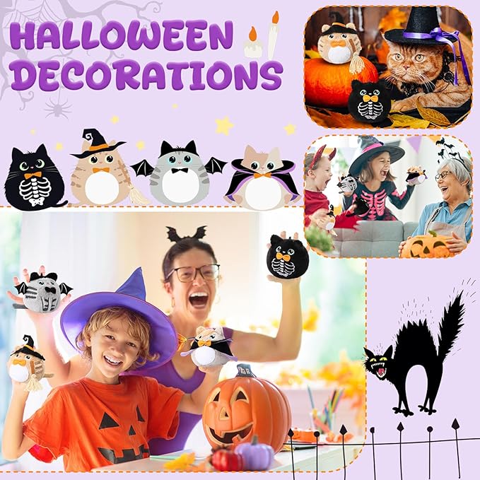Soulchen 8 Pcs Halloween Stuffed Animal 4 Inch Plush Cat Toys Bulk Mini Halloween Plushies with Keychain Small Kawaii Plush Kitten Characters Trick or Treat Goodie Bag Fillers Party Favors