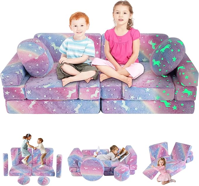 13 PCS Kids Play Couch, Modular Glowing Kids Toddler Couches, Kid Play Couch Sofa for Playroom and Bedroom (Rainbow)
