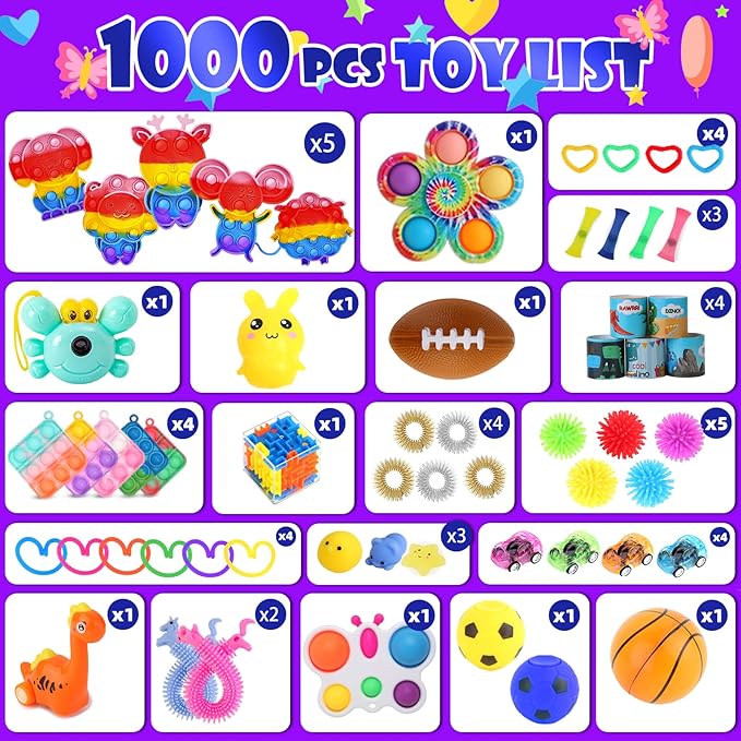 1000Pcs Bulk Party Favors for Kids, Fidget Toys Pack,Stocking Stuffers, Treasure Box Chest, Birthday Party, Classroom Carnival Prizes, Pinata Stuffers, Goodie Bag Stuffers, Stress Relief, Sensory Toys