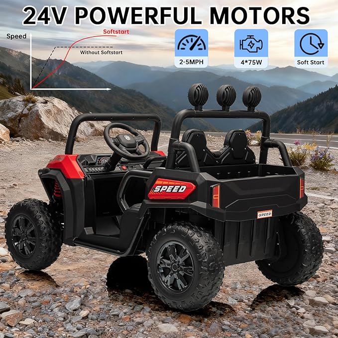 24V Side by Side Ride On UTV, Battery Powered 4x4 Ride On Car with Remote Control, Kids 2 Seater Electric Car with Bluetooth, Red