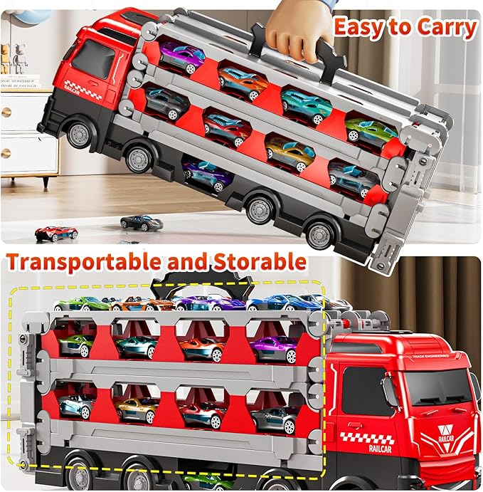Cars Truck Set Transport Toy for Kids, Race Track Set with 12 Die-Cast Cars, Trucks Playset, 2-Tier Launching Tracks, Carrier Toy for Boys Girls Birthday Gifts for Boys Ages 1-3 2-4 3-5 4-7