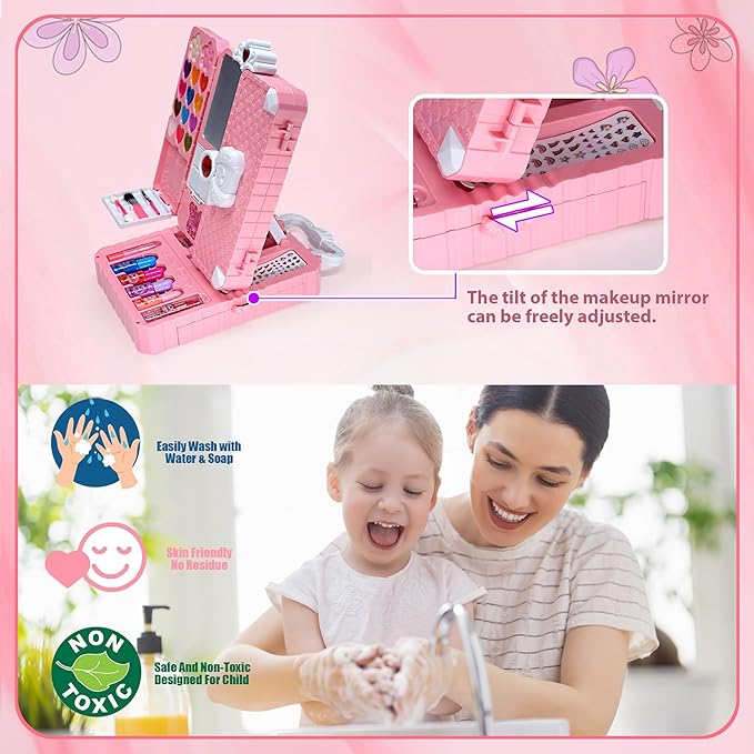 Kids Makeup Sets for Girls Toys - 74PCS Washable Makeup for Kids with Mirror, Real Dressing Table with Stand, Princess Play Makeup Kit Perfect for 3 4 5 6 7 8-12 Year Old Girls Birthday & Christmas