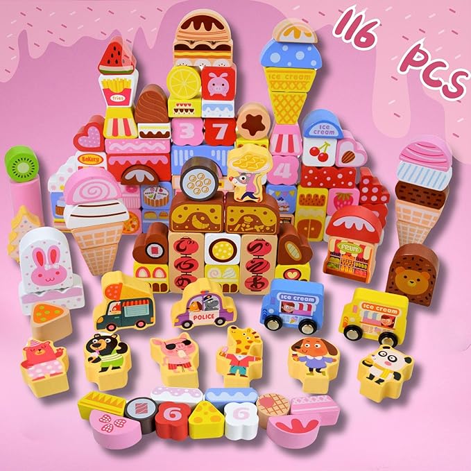 Vileafy Wooden Ice Cream Toy for 3 Year Old Birthday Gift– 116PCS Montessori Building Blocks for Toddlers – Pink Pretend Play Set & Stacking Toys for Girls Quiet Time & Family Play