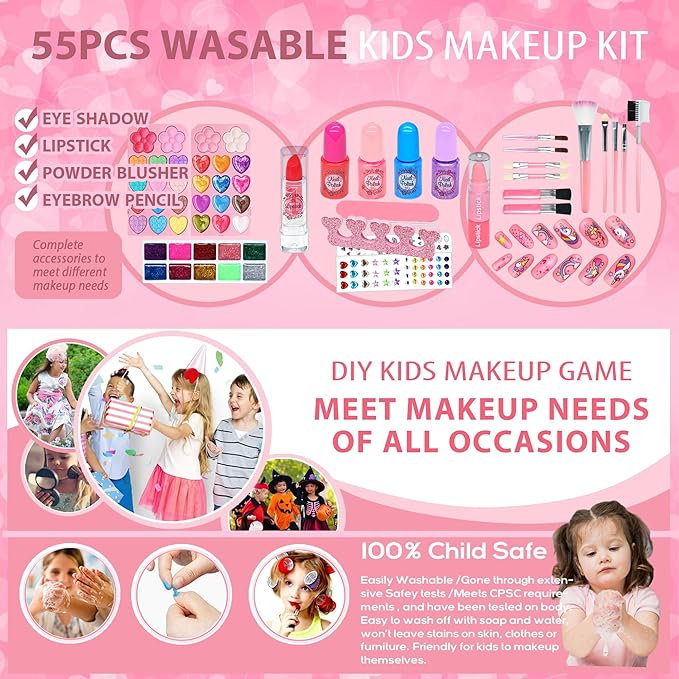 Kids Makeup Kit Girl Toys - Washable Makeup with Mirror Kid Makeup Sets for Girls 5-8,Maquillaje para Niñas, Play Make Up Kit,Best Toys for Little Girls, Ages4-12 Year Old Girl Birthday Gifts