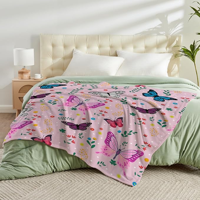 Wajade Butterfly Throw Blanket for Girls Teens Women Pink Soft Fuzzy Flannel Bed Blanket for Couch Sofa Bedroom Plush Colorful Flowers Blankets 60”x80”