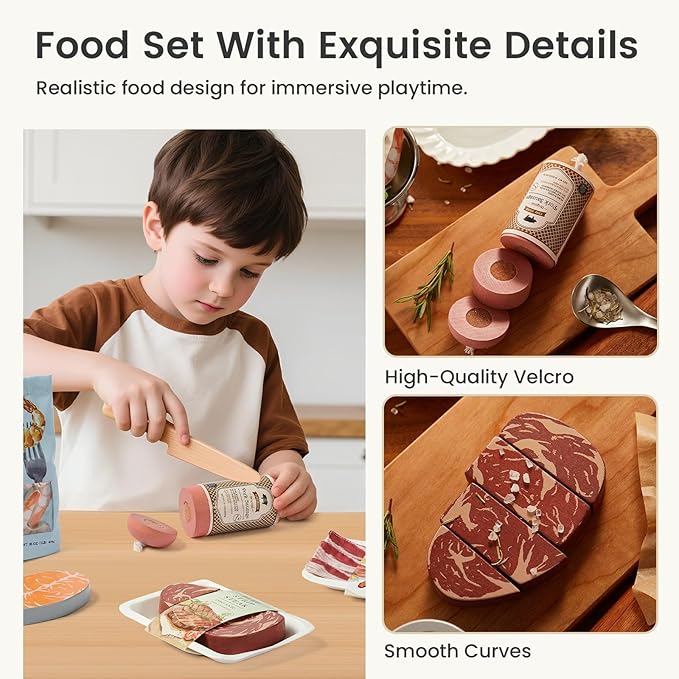 Tiny Land Organic Play Food Set - 6PCS Wooden Seafood & Meat Toy Set for Kids, Pretend Grocery for Kitchen Play, Montessori Toy Gift