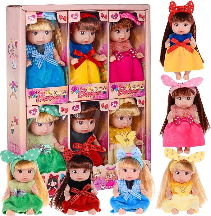 6 Pack 4 Inch Mini Fashion Doll Collection - 6 Unique Stylable Hair Dolls with Rotatable Limbs & Cute Outfits | Collectible Toy Gift for Kids