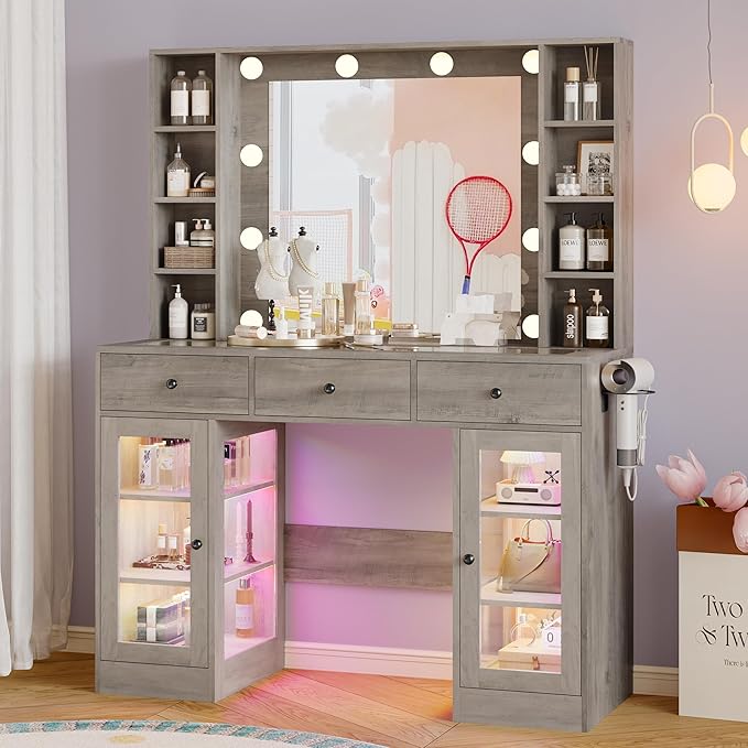 Makeup Vanity Desk with Mirror and Lights, Grey Vanity with Glass Top, LED Lights & Power Outlet, 3 Drawers & 2 RGB Glass Cabinets, Adjustable Lighted Dressing Table for Women & Girls Bedroom