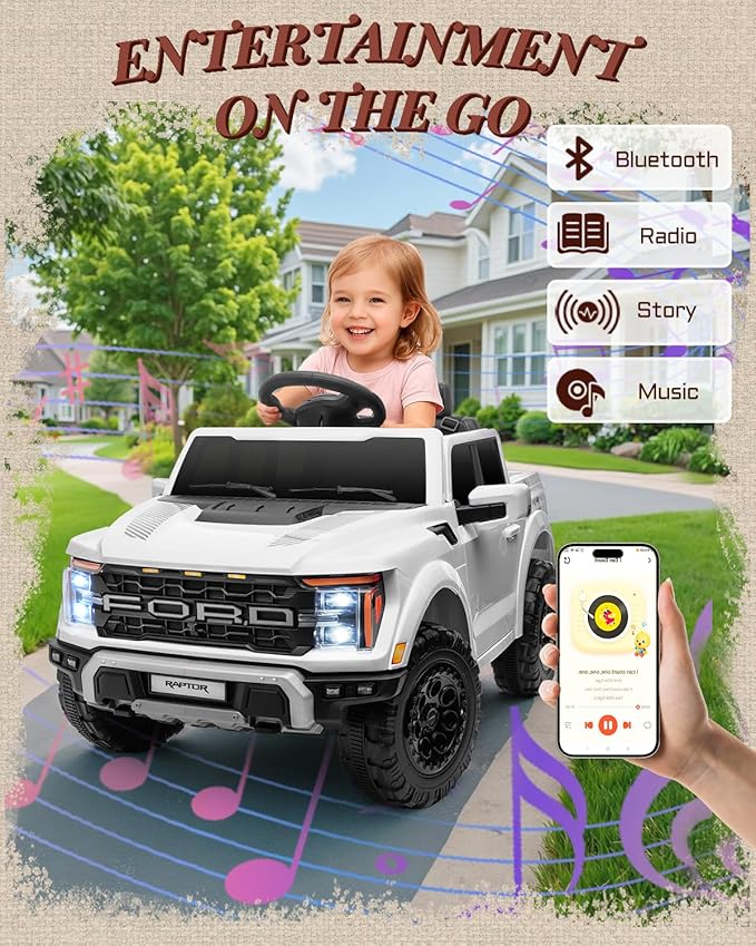 First Ride On Licensed Ford F-150 Raptor 12V Kids Ride on Truck, Ride on Toys for Toddlers with Remote Control, Electric Car for Kids with Truck Bed Storage, Smooth Start, Music, Bluetooth (White)