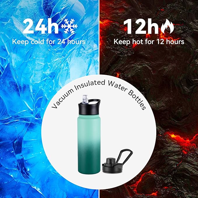 Gradient Green 8 Pack: 24oz Insulated Stainless Steel Metal Water Bottle with Straw & Wide Mouth Lid, Double Wall Vacuum Bottle for Hiking & Camping