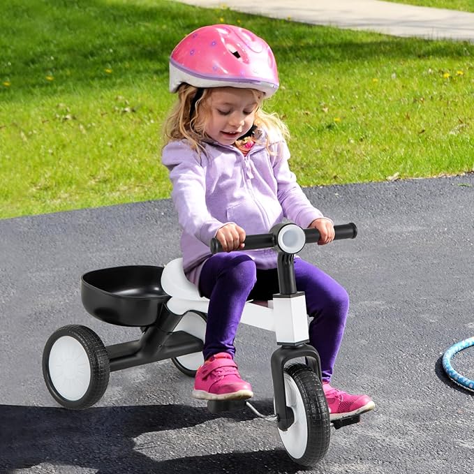 BABY JOY Toddler Tricycle, 2-in-1 Kids Tricycle Auxiliary Balance Bike with Carbon Steel Frame, Detachable Pedals & Removable Storage Basket, Toddler Trikes for 2-4 Year Old Baby Boy Girl