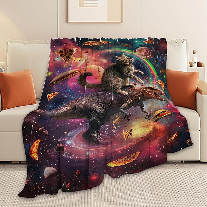 Dinosaur Cat Throw Blanket Funny Hamburger Pizza Dinosaur Cat Stuff Gifts for Kids Girls Boys Adults Women Man Soft Cozy Warm Plush Fluffy Fuzzy Fleece Blanket Decorr 60''X80''